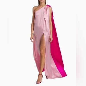 Halpern One-Shoulder Colorblocked Silk Gown